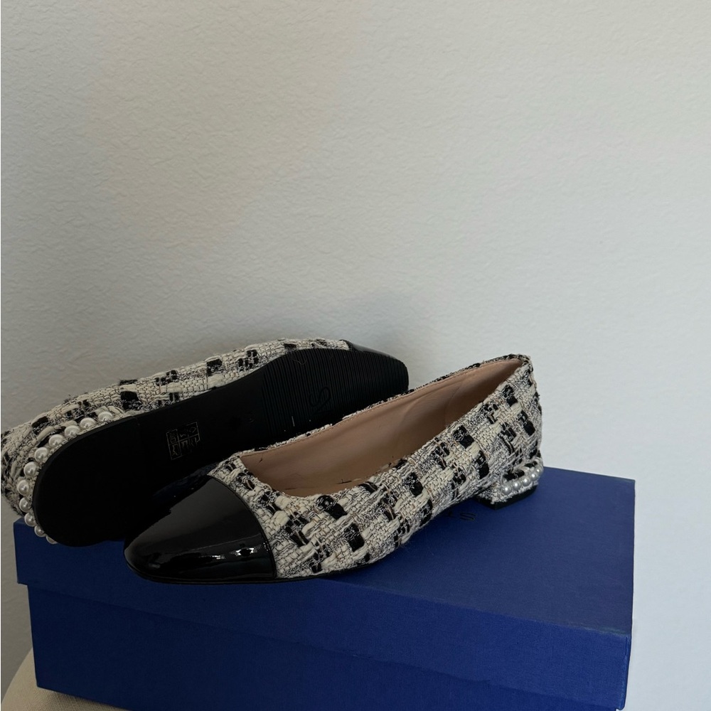 Stuart Weitzman Black and White Tweed Flats With Pearls On Heel.